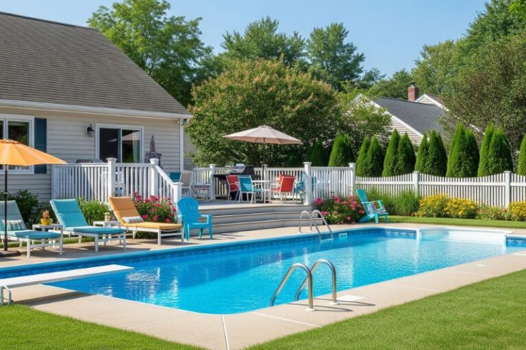 swimming pool in a suburban backyard