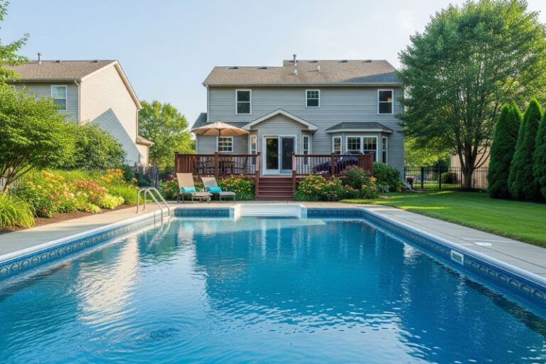 swimming pool in a suburban backyard