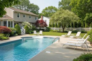 Create an image of a swimming pool in a suburban backyard, and make it realistic as possible. create a 10-word alt text.
