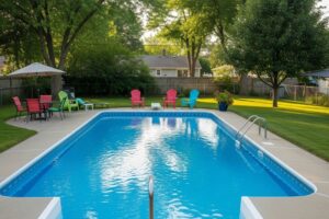 swimming pool in a suburban backyard