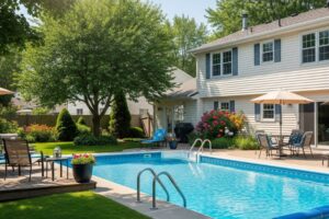 swimming pool in a suburban backyard