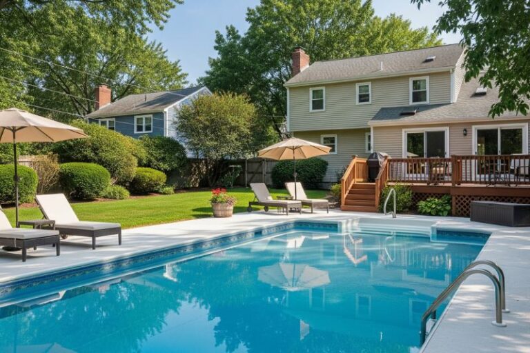 suburban backyard oasis with a refreshing swimming pool.