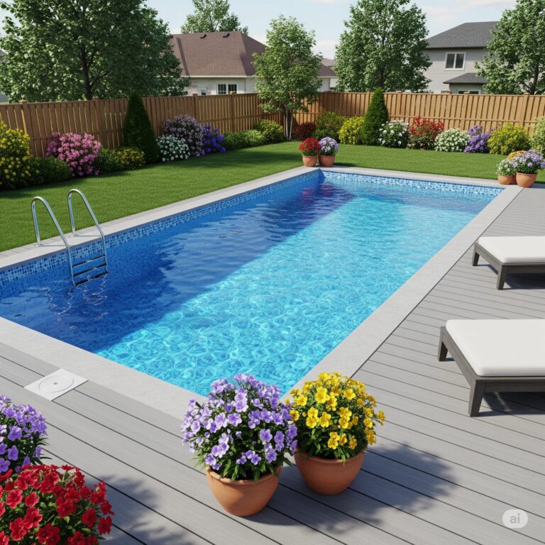 blue swimming pool in a lush suburban backyard.
