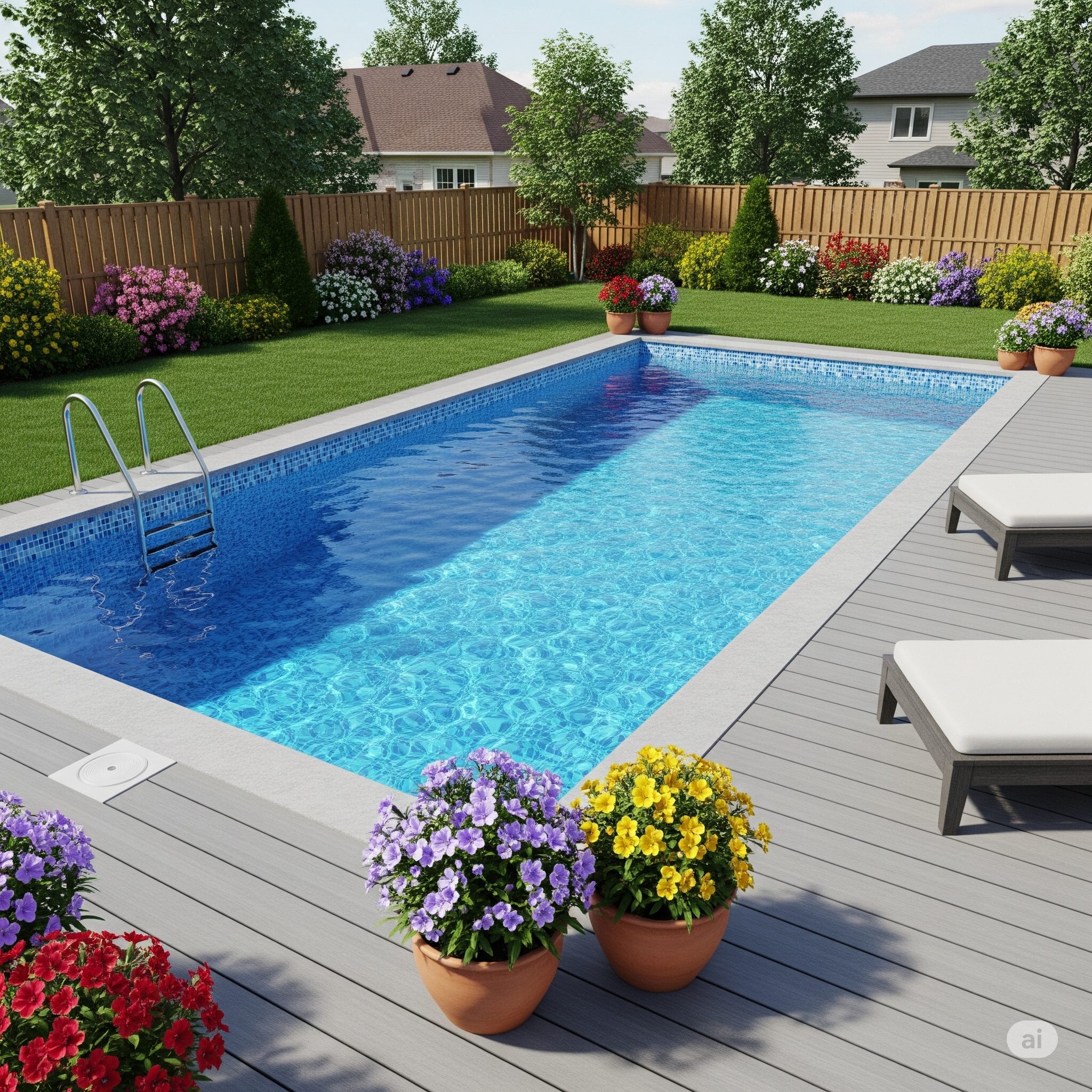 blue swimming pool in a lush suburban backyard.