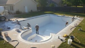 Fresh white plaster being applied to a 16x32 inground pool with a small attached wading pool in a backyard