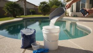 Calcium hypochlorite granules being measured into a bucket beside a large gunite pool with zero chlorine