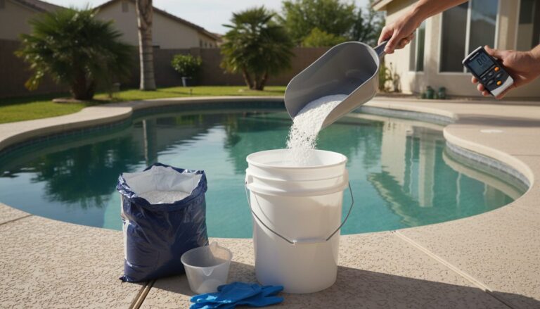Calcium hypochlorite granules being measured into a bucket beside a large gunite pool with zero chlorine