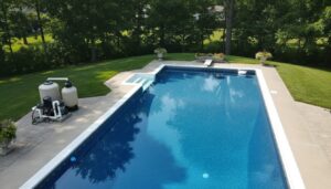Aerial view of a 24x40 inground pool in a backyard with clear blue water reflecting the surrounding landscaping