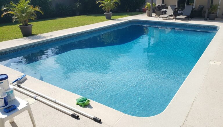 15x30 inground pool with clear blue water in a backyard showing visible depth transition from shallow to deep end