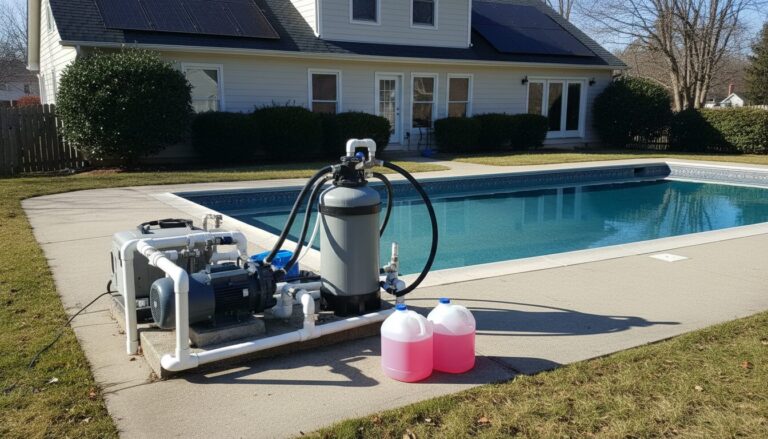 Pool equipment pad with solar heater plumbing and antifreeze jugs beside an inground pool with roof-mounted solar panels