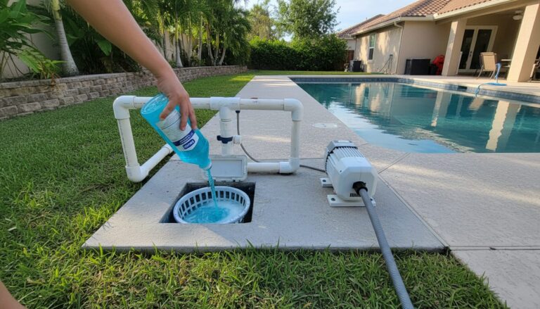 Pool antifreeze being poured into a skimmer line near a booster pump and cleaner line on a backyard pool equipment pad