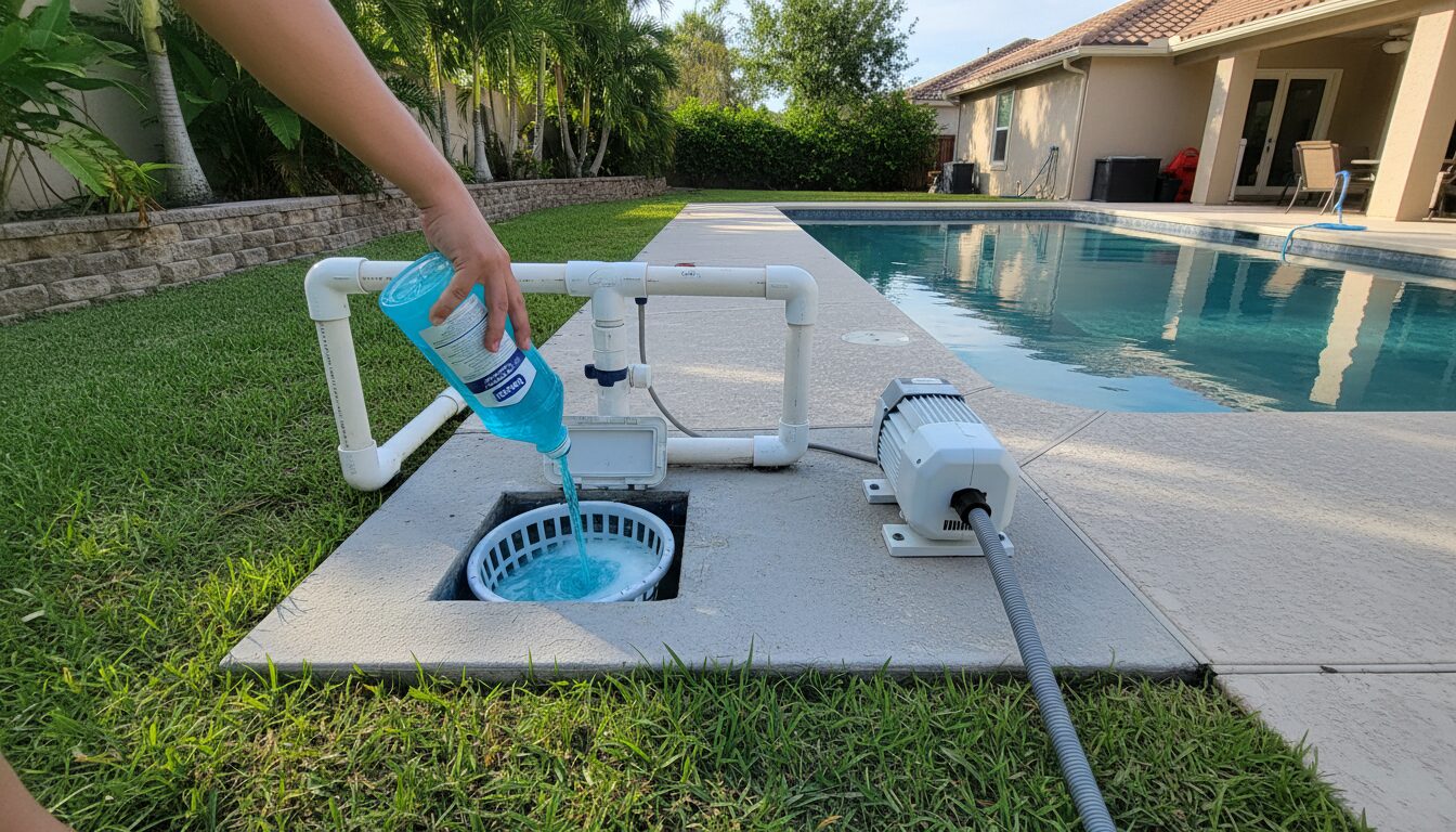 Pool antifreeze being poured into a skimmer line near a booster pump and cleaner line on a backyard pool equipment pad
