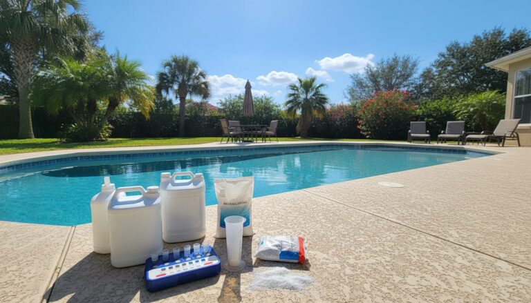 Outdoor in-ground pool on a sunny day with a stabilizer test kit and chemical supplies resting on the pool deck