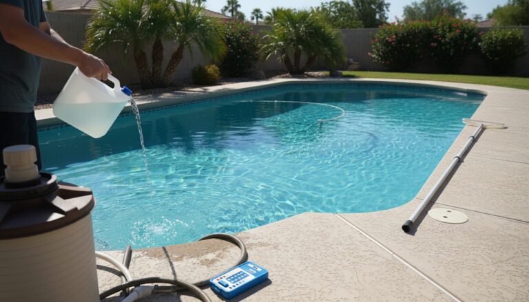 Pool owner pouring muriatic acid into a 20000 gallon backyard pool to lower pH after opening for the season