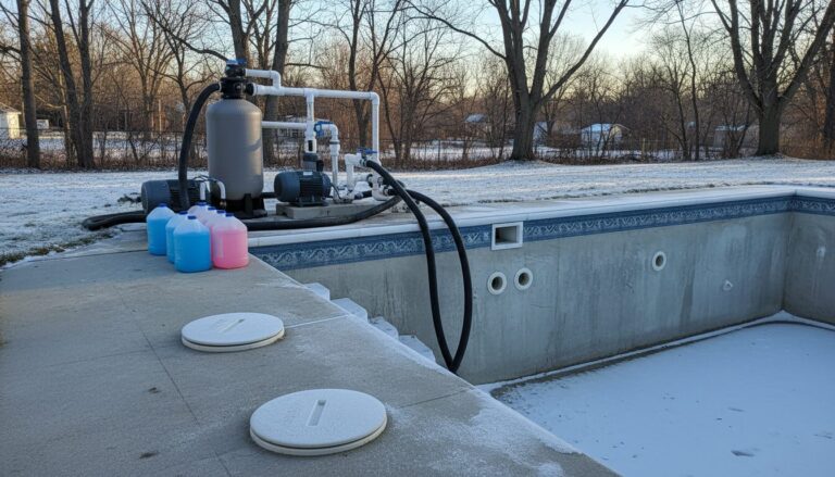 Pool antifreeze bottles next to a pool equipment pad during winterization of an in-ground pool with skimmers and returns