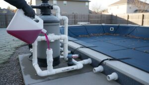 Pool antifreeze being poured into a cleaner line fitting at a winterized in-ground pool equipment pad