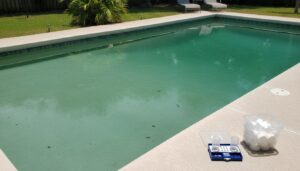 Trichlor shock tablets and test kit beside a 20000 gallon inground pool with cloudy green water on a sunny day