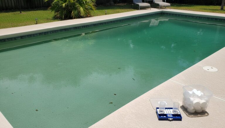 Trichlor shock tablets and test kit beside a 20000 gallon inground pool with cloudy green water on a sunny day
