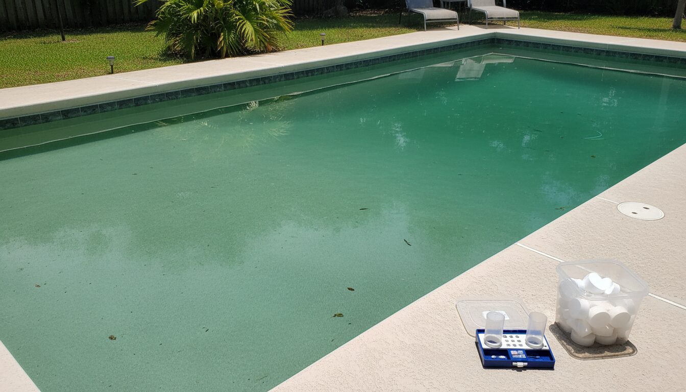 Trichlor shock tablets and test kit beside a 20000 gallon inground pool with cloudy green water on a sunny day